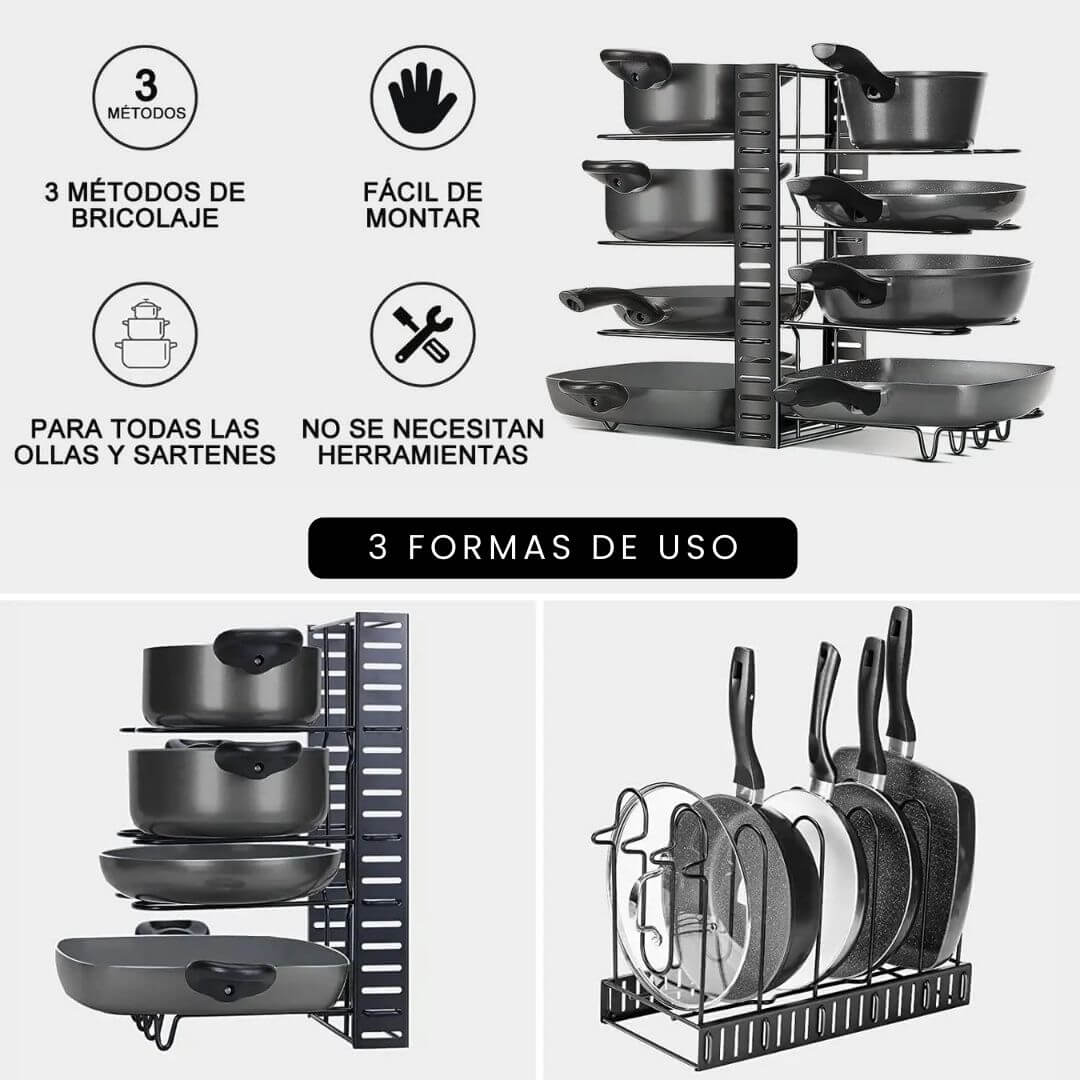 Organizador de ollas y sartenes - Solución de almacenamiento elegante y funcional